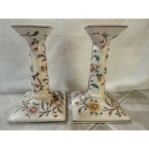Vintage Portugal signed Ceramic Floral & Bird Design Candlestick Holders Hand-Pa